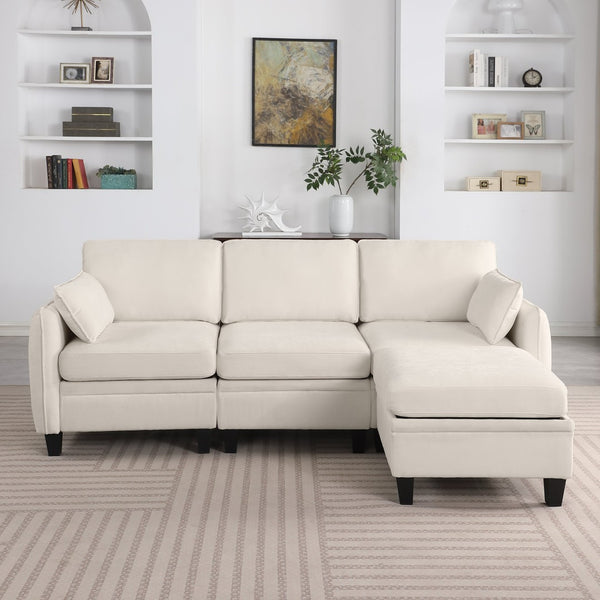 English Elm 102 Inch Linen Modular Sectional Sofa with Hidden Storage and Cloud Cushion Comfort Beige W1099S00207