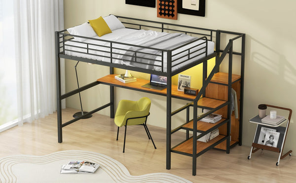 English Elm Full Size Metal Loft Bed With Desk, Storage Steps, Wardrobe, Led Light - Perfect For Small Spaces! GX000620AAB-1