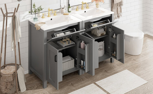 English Elm Modern 48 Inch Freestanding Bathroom Vanity Dual Ceramic Sinks Soft Close Gold Handles Grey N729P000008E
