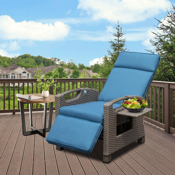 English Elm Outdoor Recliner Chair with Hand‑Woven Resin Wicker, Built‑In Flip Table, Thick Cushions, 150° Recline Blue W1859P196402