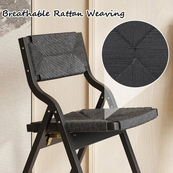 English Elm Wood Foldable Dining Chair Set of 2 with Woven Rattan Seat, Teak Finish, Comfortable Padded Design Black T3623P380481