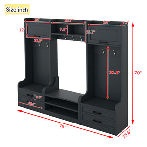 English Elm 4-in-1 Hall Tree with Bench, 7 Hooks, 2 Cabinets & 4 Drawers for Entryway Storage and Seating Antique Blue W1580S00091