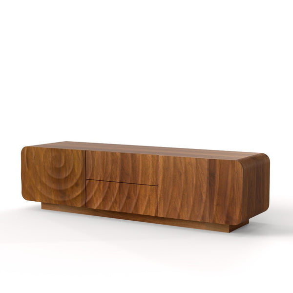 English Elm 58''tv Console Sculpted Spiral Wave Relief Walnut Mid-century Media Stand with Storage Walnut Brown W2263P412380