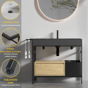English Elm FORTE 36" Industrial Modular Bathroom Vanity with Durable Metal Frame, Quartz Basin, Soft-Close Drawer Black,Oak W1865S00175