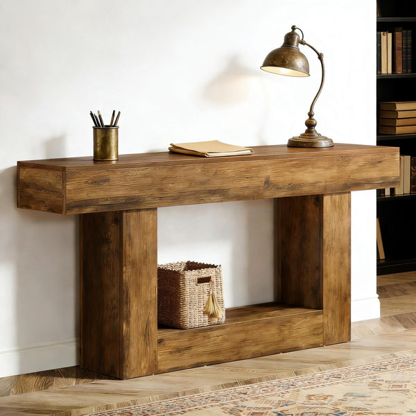 English Elm Practical Geometric Console Table with Matte Black Wood Grain Finish for Entryway or Sofa Rustic Brown T3971P454034
