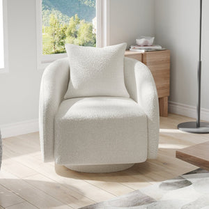 English Elm Swivel Barrel Armchair in Teddy Fabric with Lumbar Pillow and Solid Wood Legs White T3623P430697