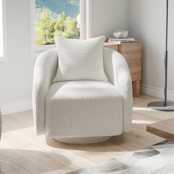 English Elm Swivel Barrel Armchair in Teddy Fabric with Lumbar Pillow and Solid Wood Legs White T3623P430697