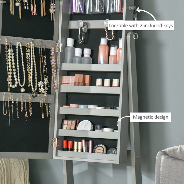 English Elm HOMCOM Lockable Floor Jewelry Armoire with LED Lights, Full-Length Mirror, 100+ Slots & Shelves Grey W2225P217022