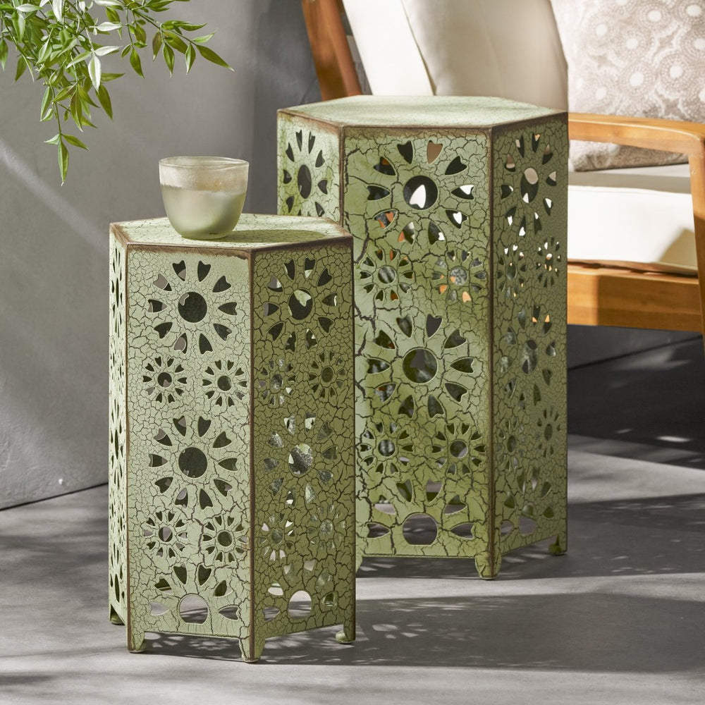 English Elm Eliana Outdoor Iron Nesting Side Tables with Sunburst Cutout and Crackle Finish Patio Accent Set Green 69740.00CGRN