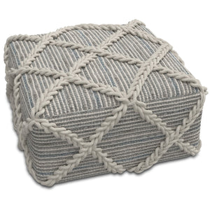 English Elm Cowan Handcrafted Square Pouf in Blue and Natural Woven Wool-Cotton with Diamond Stitching, Supportive Seat (20") Gray B136P159313