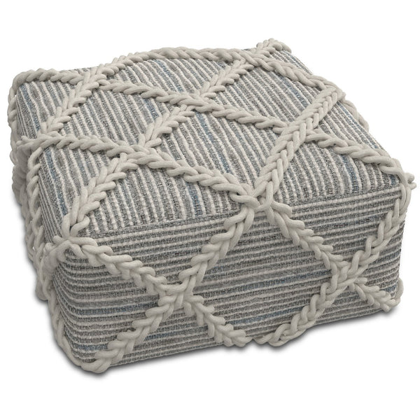 English Elm Cowan Handcrafted Square Pouf in Blue and Natural Woven Wool-Cotton with Diamond Stitching, Supportive Seat (20") Gray B136P159313