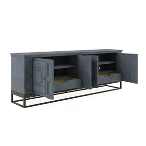 A.R.T. Furniture Alcove Entertainment Console: Stylish Slate & Burnished Brass, Ample Storage, And Organized Design Blue Acacia Solids,Maple Veneers,Iron 321423-2821