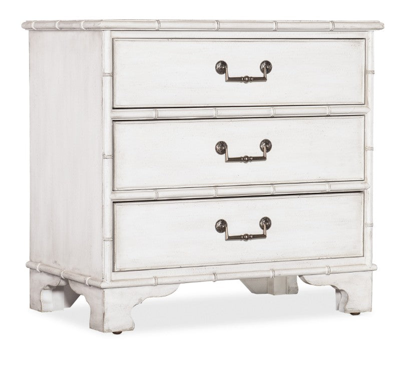Hooker Furniture Charleston Coastal Colonial Three-Drawer Nightstand In White Heron With Antique Pewter Pulls, Bamboo Trim 6750-90117-06
