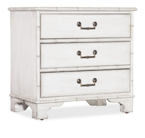 Hooker Furniture Charleston Coastal Colonial Three-Drawer Nightstand In White Heron With Antique Pewter Pulls, Bamboo Trim 6750-90117-06
