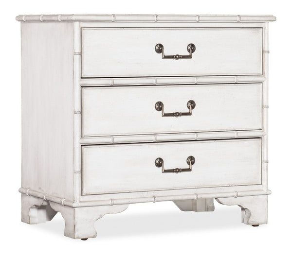 Hooker Furniture Charleston Coastal Colonial Three-Drawer Nightstand In White Heron With Antique Pewter Pulls, Bamboo Trim 6750-90117-06