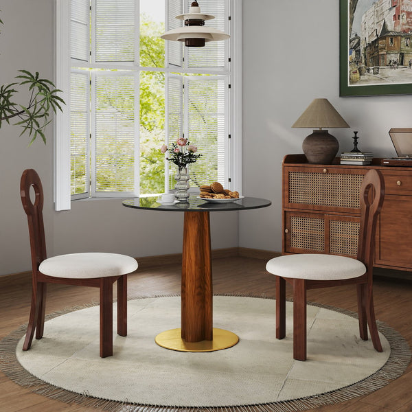 English Elm Modern Round Dining Table - 33.5" Tempered Glass Top With Elegant Wooden Legs & Gold Base, 2-Person W1535S00604