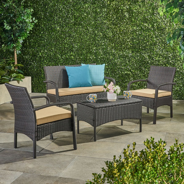 English Elm Christopher Knight Home® - CORDOBA PE Rattan 4-Pc Wicker Chat Set with Cushions, Iron Legs & Waterproof Fabric Comfort Brown+Tan 57458.00