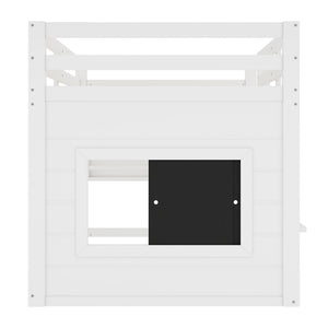 English Elm Twin Loft Bed House Frame with Sliding Chalkboard Built-in Bookshelf and Safety Rails White W1580S00319