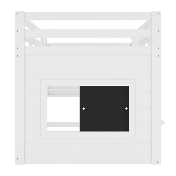 English Elm Twin Loft Bed House Frame with Sliding Chalkboard Built-in Bookshelf and Safety Rails White W1580S00319