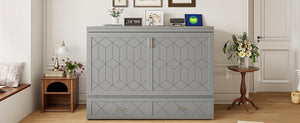 English Elm Queen Murphy Wall Bed Cabinet with Storage Drawer Built-in Power Outlets Usb Ports Gray LP000400AAE-1