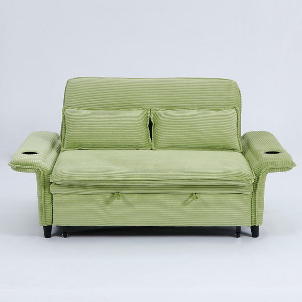 English Elm 65.74-inch convertible letter sofa bed with adjustable armrests, pull-out extension, cup holders, durable frame and plush sponge cushions Green W3371P311474