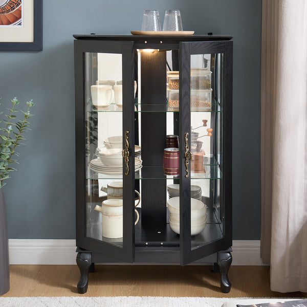 English Elm Curio Cabinet with Lighted Tempered Glass, Mirrored Back, Adjustable Shelves, Vintage Handle — Black W2275P389705
