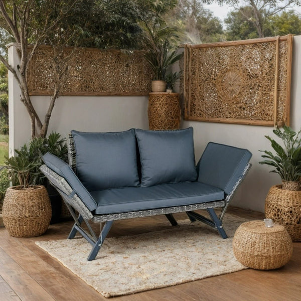 English Elm 1 PCS Patio Wicker Bench Foldable Side Armrest Grey Wicker Dark Grey Cushion Weatherproof Seat W329P285874