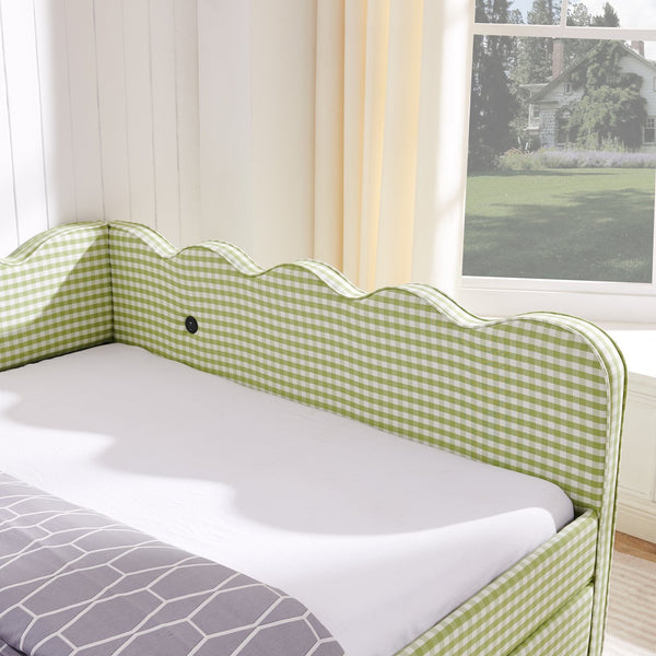 English Elm Queen Gingham Linen Daybed with Wave Backrest Two Storage Drawers and Usb Port Green W1413S00151
