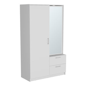 English Elm Vinco White Armoire with Mirror, 1 Door, 2 Drawers, 6 Shelves, Hidden Shoe Rack & Hanging Rod B097S00233