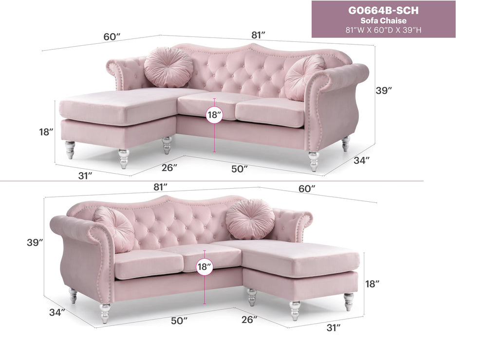 English Elm Glory Velvet Tufted Sofa Chaise with Nailhead Trim, Pocketed Coil Cushions & Hardwood Frame Pink 13 L x 27 W x 71 H B078S00137