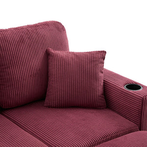 English Elm UNITED Corduroy L-Shaped Sectional Sofa with Storage Ottoman, USB Ports, Cup Holders & LED Lighting WINE RED W1568P332410