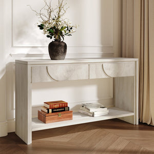 English Elm Farmhouse Solid Wood Console Table with Carved Drawers, Tiered Shelf & Anti-Tip Stability (57.8") White T3833P366467