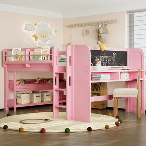 English Elm Twin Low Loft Bed Solid Pine Frame Kids Study Desk Blackboard Storage White Pink W1580S00300