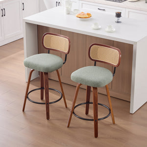 English Elm Set of 2 Swivel Counter Stools Walnut Frame Rattan Back Linen Seat Kitchen Island Light Green W1143P392172
