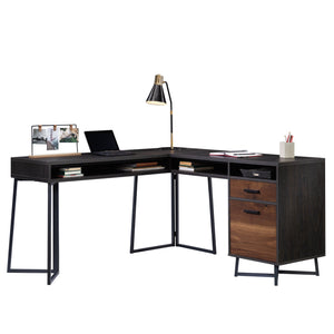 English Elm L-Shaped Desk In Rich Dark Walnut Finish - Space-Saving Workstation With Ample Storage & Cable Management B356P354466