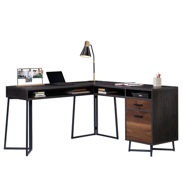 English Elm L-Shaped Desk In Rich Dark Walnut Finish - Space-Saving Workstation With Ample Storage & Cable Management B356P354466