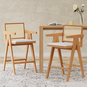 English Elm Christopher Knight Home® - 27" Woven Cane Back Bar Stool with Foam-Padded Polyester Seat, Durable Rubberwood Frame, 300lb Capacity Natural+Cream N780P237930N