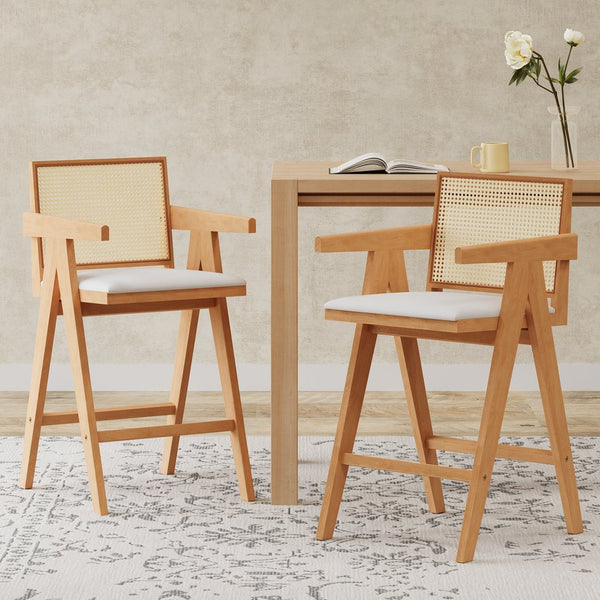 English Elm Christopher Knight Home® - 27" Woven Cane Back Bar Stool with Foam-Padded Polyester Seat, Durable Rubberwood Frame, 300lb Capacity Natural+Cream N780P237930N