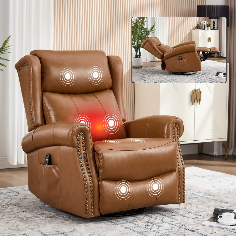 English Elm Heat Massage Swivel Rocker Recliner in Genuine Leather for Living Room Comfort W3224S00013