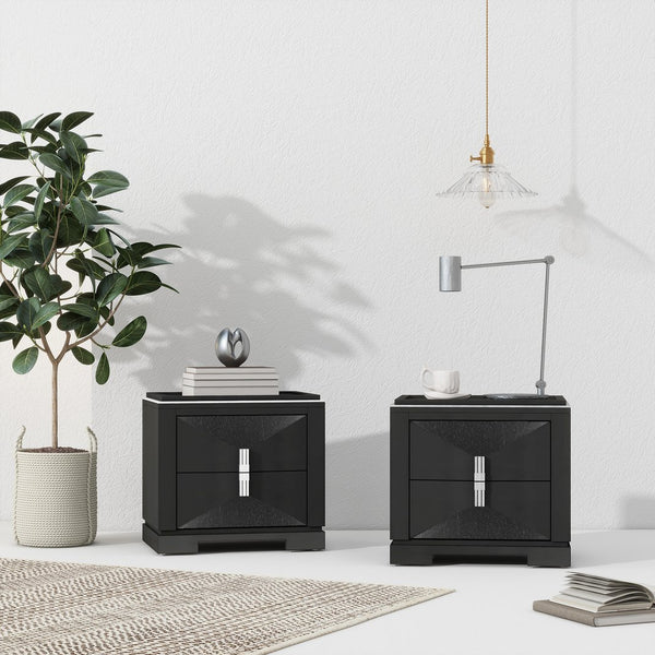 English Elm Mid-century Modern Nightstand with Diamond Geometric Drawers and Heavy Duty Wood Base Black N761P324094B