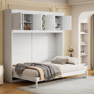 English Elm Queen Murphy Wall Bed with Storage Cabinets and Wine Rack for Small Space Living White LP000879AAK-1