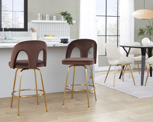 English Elm Fixed-height Swivel Counterstools with White Upholstery Gold Footrest Set of 2 Espresso B202S01789