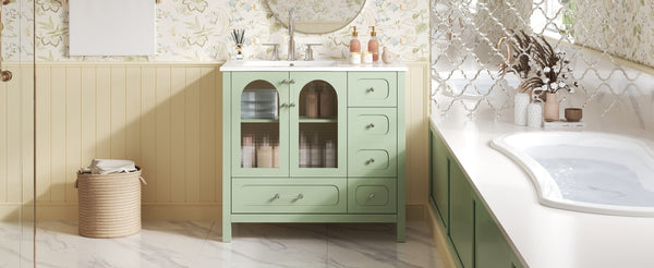 English Elm 36" Green Bathroom Vanity with Waffle Texture Doors, 4 Drawers, Glass Panels, Soft-Closing, Modern Storage N710P280025C