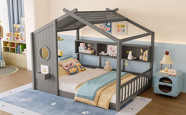 English Elm Full House Floor Bed with Roof Playhouse Design, Montessori Style with Rear Storage Shelf, Sturdy Pine Gray 78.5 L x 16.35 W x 8 H N733P335068E