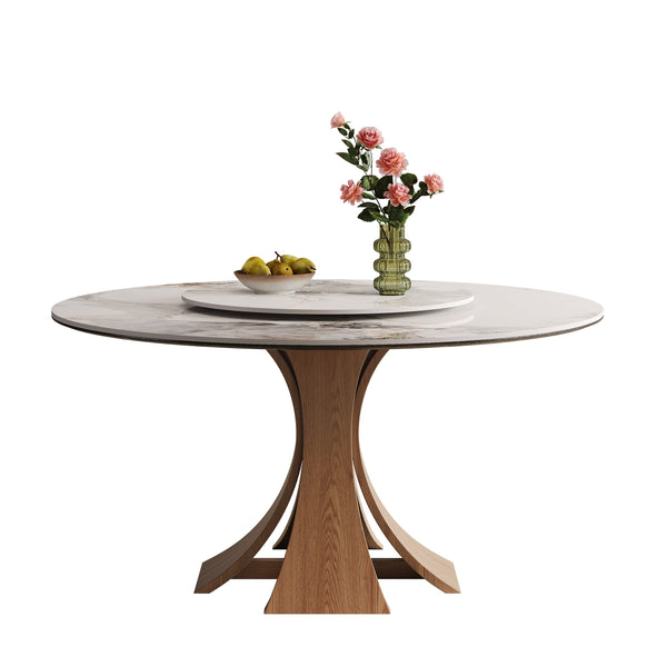 English Elm 59-Inch Modern Sintered Stone Dining Table With 35-Inch Turntable, Seats 6-8, Walnut Base Elegance! W509S00130