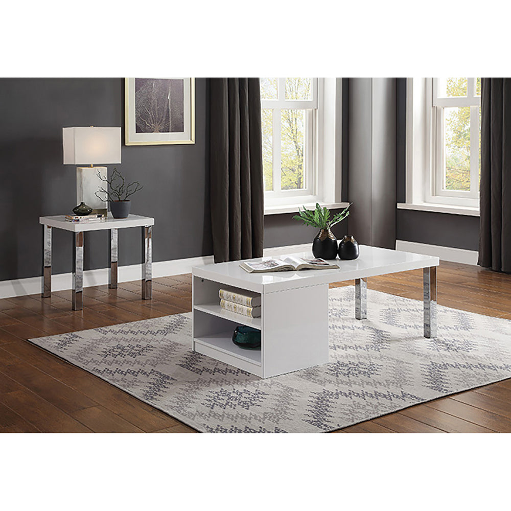 English Elm White White High Gloss and Chrome Coffee Table with Metal Legs, Two Open Storage Compartments, Sleek Modern Design for Living Room (47.5" W x 24.5" D x 18.5" H) B062P189215