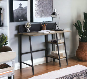 English Elm Rustic Oak And Black 2-Tier Writing Desk With H-Shape Base, Device Holder & Compact Design For Small Spaces B062P209210-GIGA