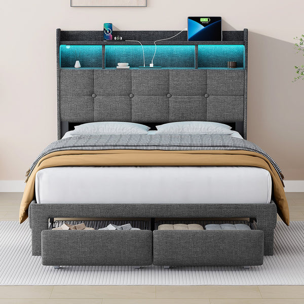 English Elm Full LED Linen Bed Frame with Headboard Storage, 2 Drawers, Fast Charging Ports & Nightlight Ambiance W1550P190364