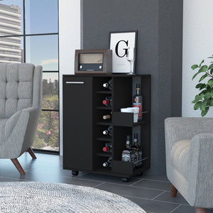 English Elm Tennessee Mobile Bar Cart with Cabinet, Six Bottle Cubbies, Top Rail Prep Area & Locking Wheels Black 33 L x 18 W x 7 H B128P176142