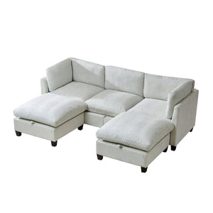 English Elm 96.5" L-shaped Chenille Sectional with Storage Ottoman Eucalyptus Frame Living Room Beige W1097S00284